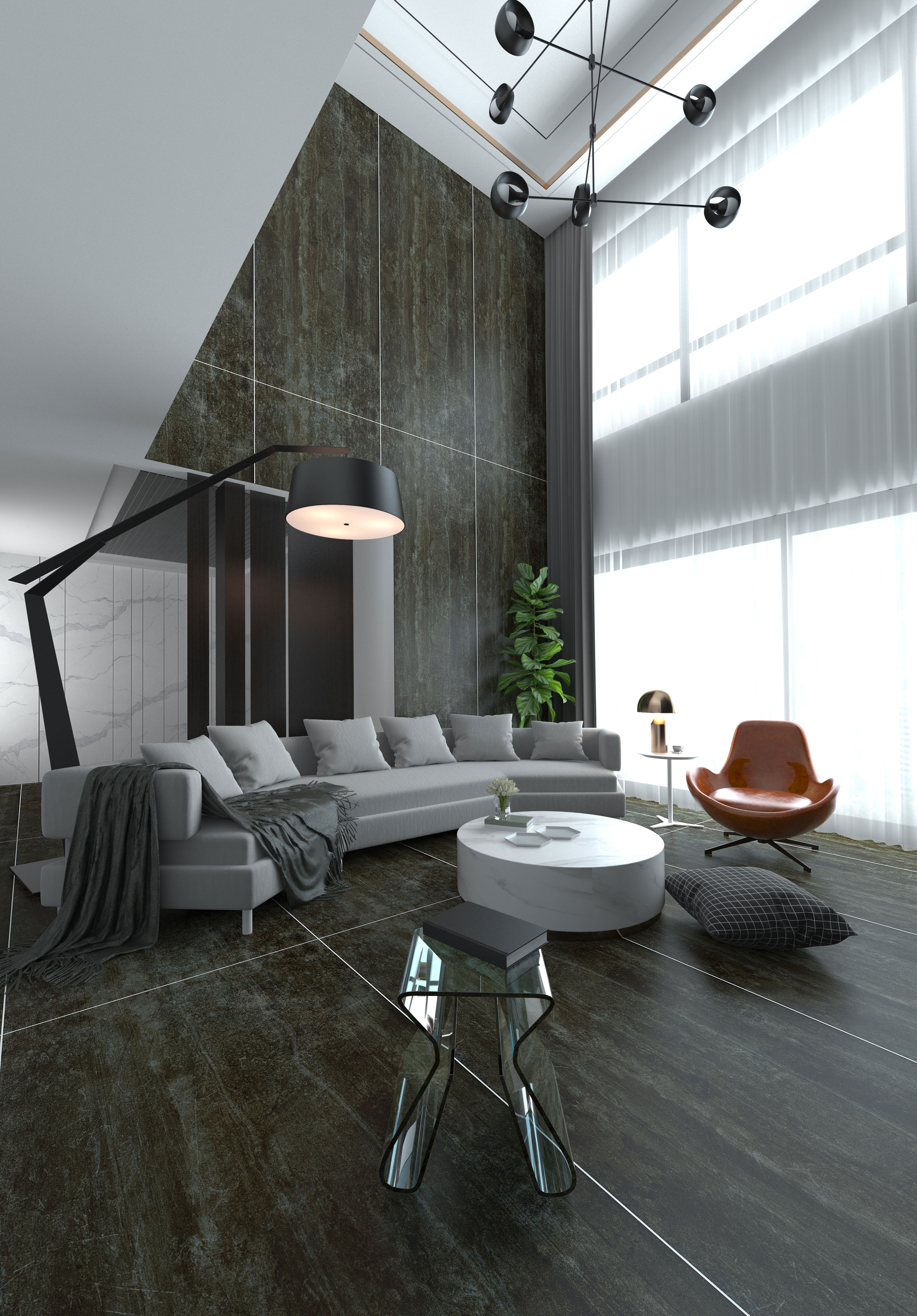 black living room wall and floor slab tiles