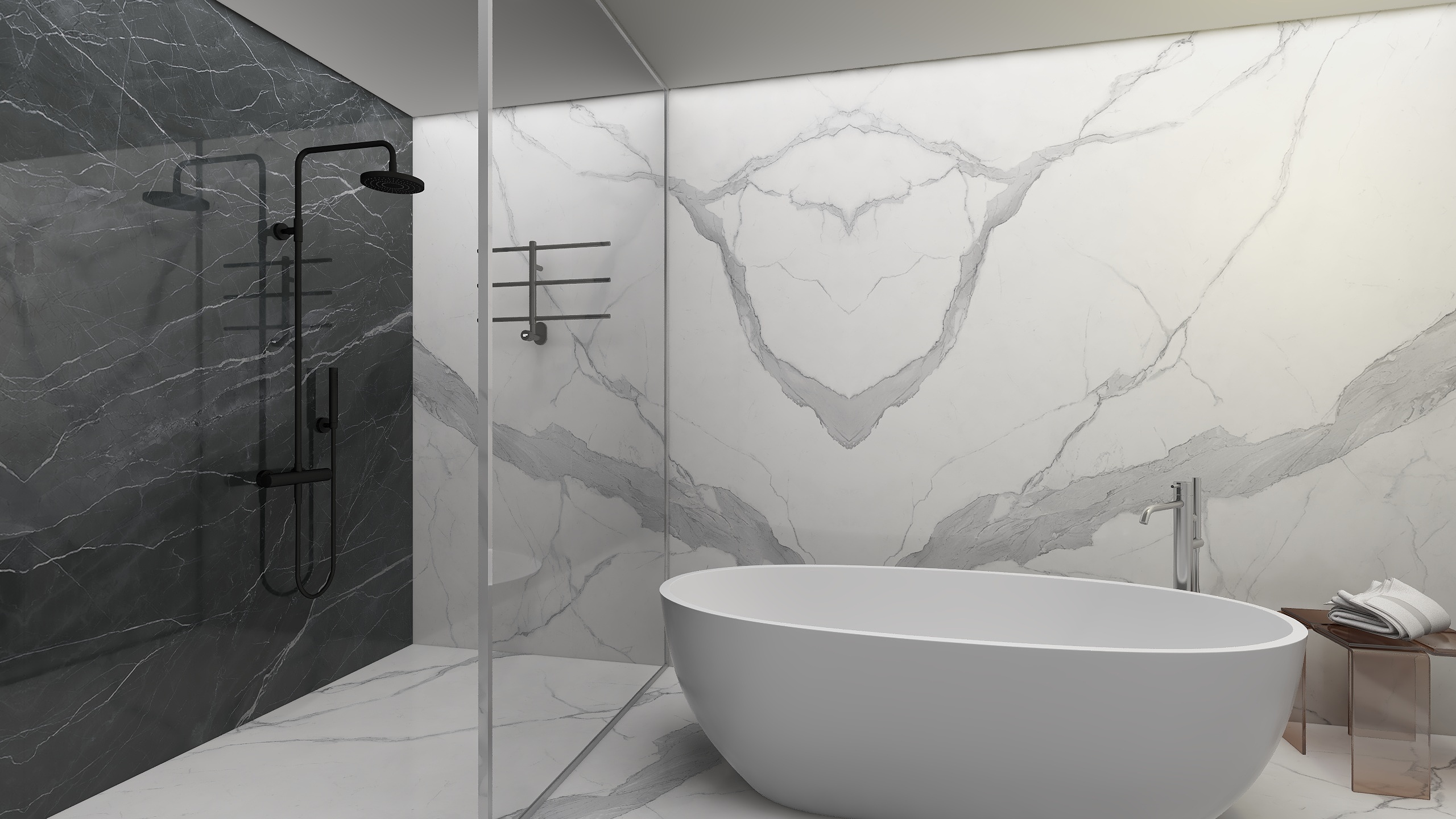 white bathroom shower wall slab tiles