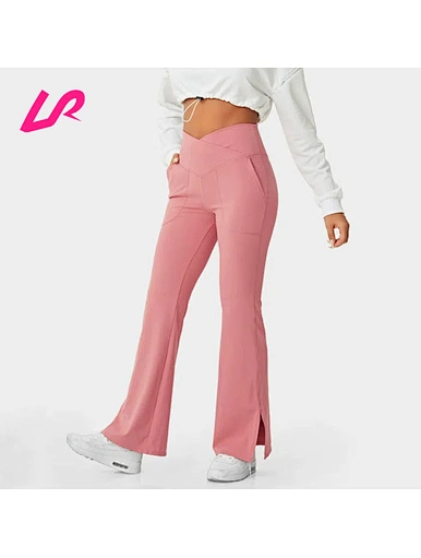 Crossover Waist Split Hem Full Length Flare Leggings