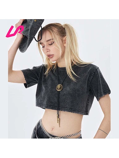 Fashion High Street Acid-wash Crop Running T-shirt For Women