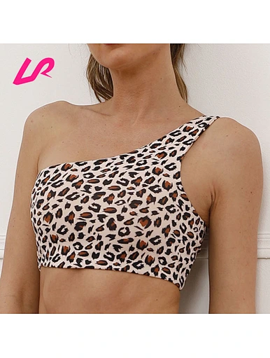 leopard print oneoblique shoulder sports bra for womne