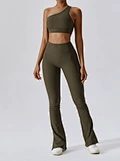 Irregular oblique one shoulders sports bra and wide leg leggings tracksuit sets for laddies women
