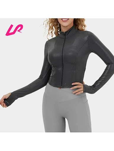 Women's Shine Neck Full Zip Thumb Hole Stretchy Casual Jackets