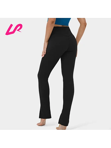 Crossover Back Waistband Pocket Split Hem Yoga Leggings