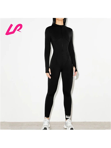 women thumb hole zip up long sleeve jumpsuit