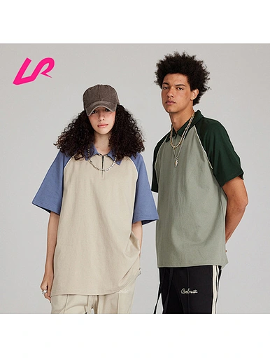 Unisex Zip Up Turn-down Collar Color Block Oversize T-shirts