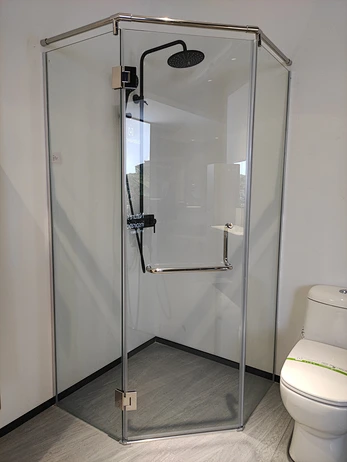 Frameless design stainless steel glass hinge two fixed one open door diamond shape shower enclosure