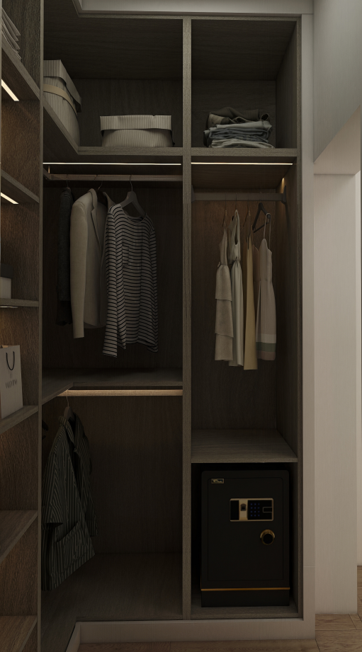 The second wardrobe follows a minimalist approach with high-gloss white doors and a matching gray walnut cabinet body, offering a clean and modern aesthetic. This wardrobe effortlessly complements the overall bedroom furniture, providing ample storage while maintaining an air of sophistication.