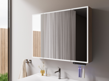 The smart storage mirror cabinet perfectly echoes the main cabinet, making the whole set of bathroom cabinets highly unified and harmonious. The LED lights around it show the atmosphere.