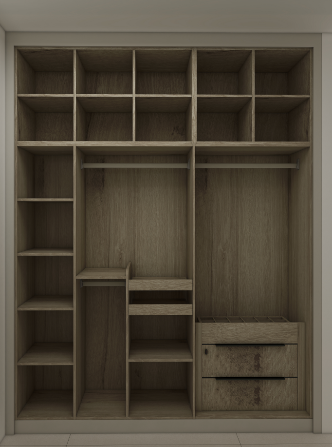 In our client William bedroom furniture project, we crafted an elegant and functional wardrobe closet tailored to our client's needs. The design features four exquisite wardrobes that beautifully blend aesthetics with practicality. Three of the wardrobes showcase a canyon oak cabinet body paired with dark khaki doors, creating a warm and inviting ambiance while ensuring robustness and style. The fourth wardrobe, a standout piece, is entirely finished in canyon oak for a seamless and cohesive look.