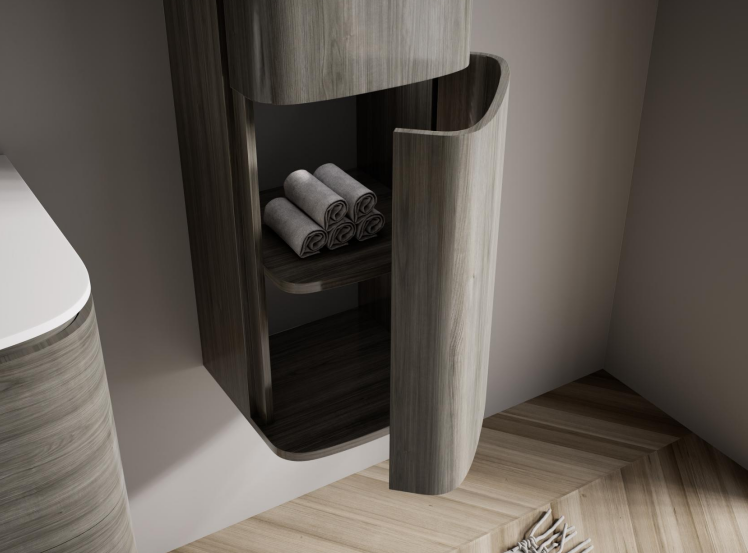 ARIA bathroom vanity with matching curved tall storage cabinet
