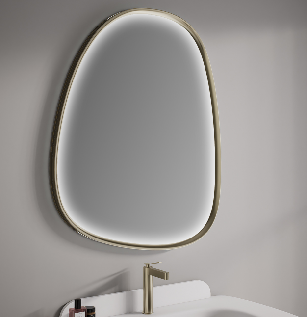 combined with ceramic basins, stone-look surfaces, curved mirrors, warm metal fittings, and soft architectural lighting.