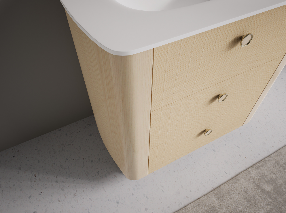 Modern bathroom furniture often relies on straight lines and sharp geometric shapes
