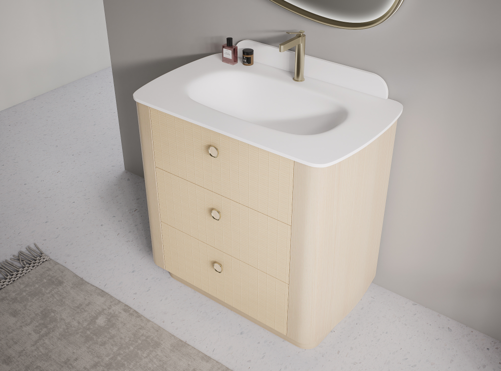 textured freestanding bathroom vanity with subtle linear cabinet surface