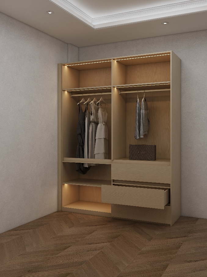 In a recent project for the Johnson family, we transformed their bedroom with the installation of three stunning wardrobes that perfectly complemented their modern aesthetic. The first wardrobe, measuring 3655mm in width, 600mm in depth, and 2400mm in height, served as the centerpiece of the room, providing ample storage while enhancing the overall elegance of the space. Flanking it were two additional wardrobes, each measuring 1800mm by 600mm by 2400mm, which offered seamless functionality and style. All wardrobes were finished in a sophisticated Golden wood Grain color, unifying the suite of bedroom furniture. The wardrobe closets were meticulously designed to maximize storage efficiency, with thoughtful organizers and shelves that catered to the family's needs. This installation of cabinets for the bedroom not only added significant storage capacity but also elevated the room's design, creating a luxurious and organized space that the Johnsons were proud to showcase.