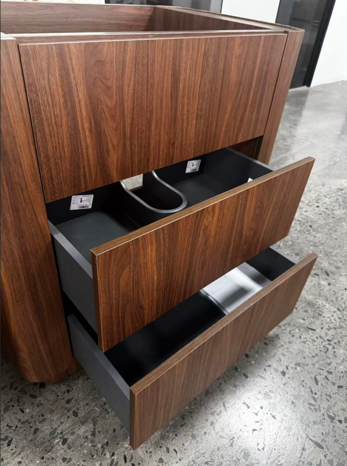 modern bathroom cabinets with wood finish and soft-close drawers