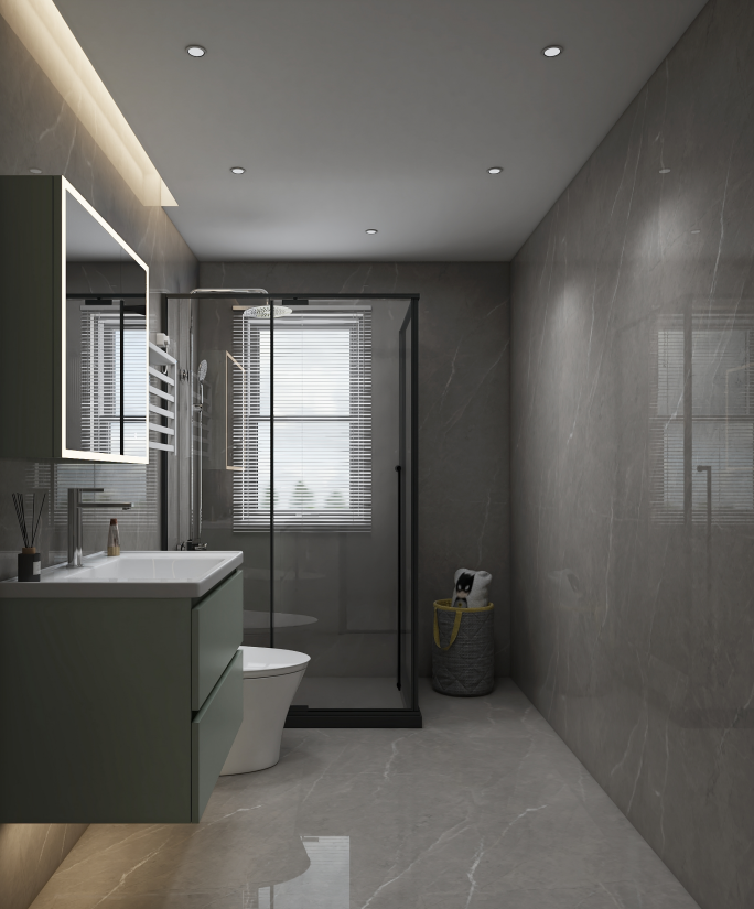Paired with an intelligent mirrored cabinet, this setup not only enhances the beauty of the space but also adds functionality, making it both practical and visually appealing. The entire bathroom is thoughtfully equipped, showcasing a complete suite of fixtures including a floor-mounted toilet, a stylish shower enclosure, and an electric towel warmer. 