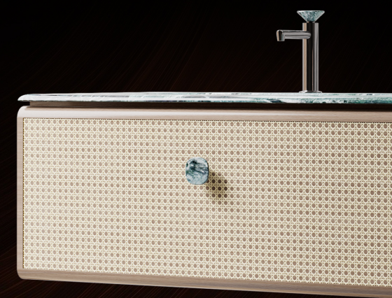 Selected natural rattan is hand-woven using traditional techniques, resulting in a finely textured surface that offers a natural, breathable feel, eliminating the coldness often associated with bathrooms
