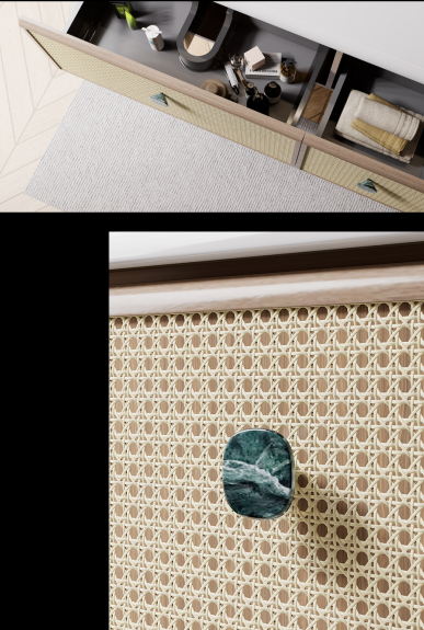 The marble handles feature a delicate texture and a warm, lustrous finish, creating a contrast with the rustic rattan weaving, resulting in a subtle yet sophisticated and lightweight design