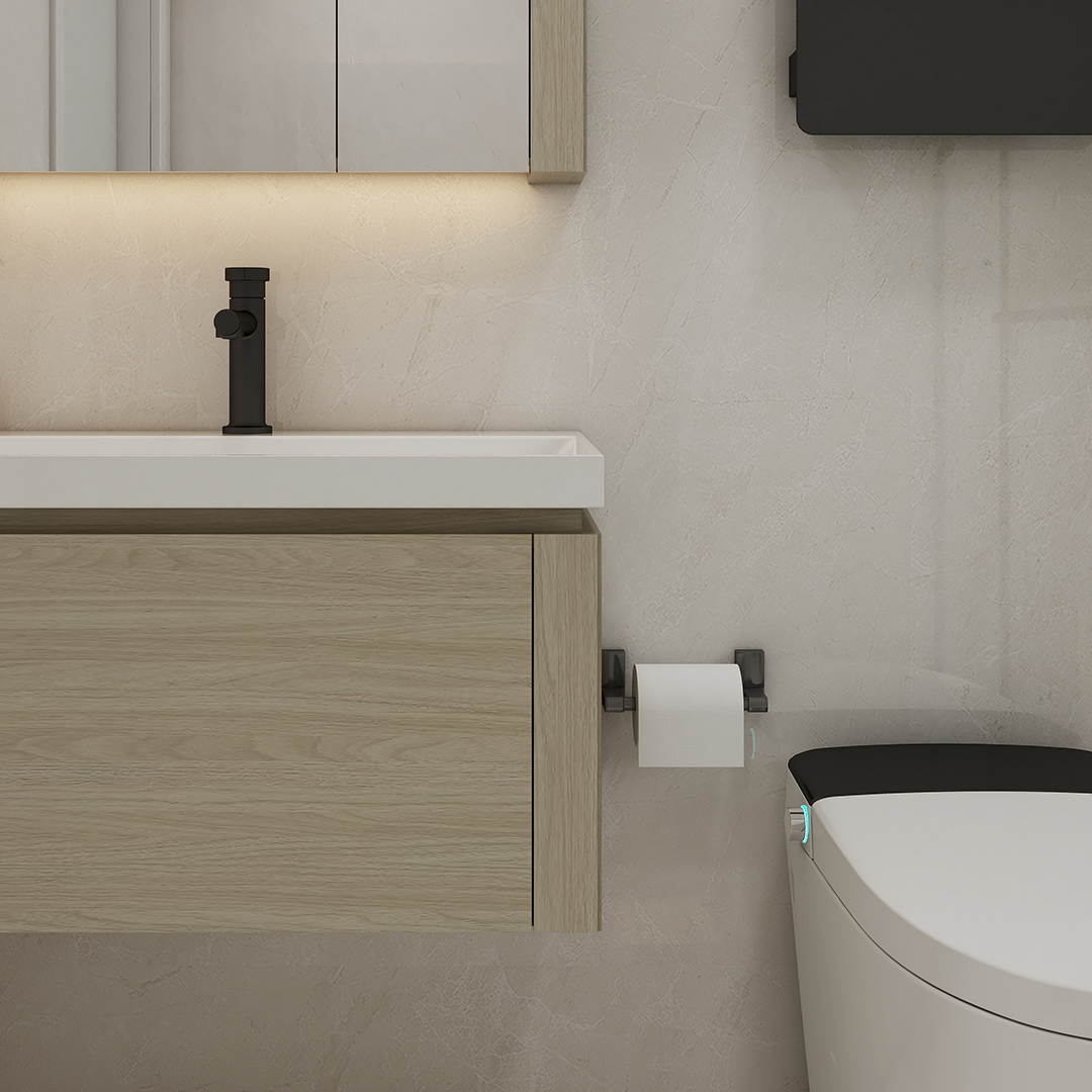 Introducing our Minimalist wood grain color wall mounted bathroom cabinet, a sleek and stylish addition to any bathroom. This exquisite piece features a medicine cabinet with mirror, offering both functionality and elegance. The single bathroom vanity with sink provides a convenient and practical solution for daily grooming routines. The wall mounted bathroom vanity design not only saves space but also adds a modern touch to your bathroom decor. Our high-quality bathroom medicine cabinet with mirror ensures that all your essentials are neatly stored and easily accessible. As a leading bathroom cabinet wholesale supplier, we are pleased to offer this stunning piece at a great value. Don't miss out on our exclusive bathroom cabinets for sale and elevate your bathroom with the Minimalist wood grain color wall mounted bathroom cabinet today.