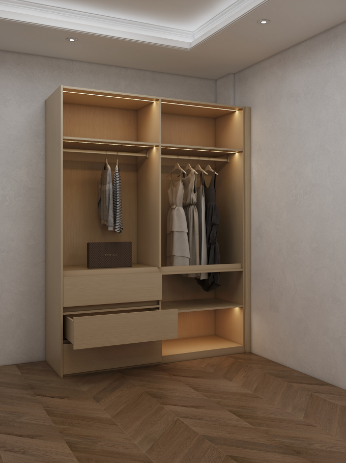 In a recent project for the Johnson family, we transformed their bedroom with the installation of three stunning wardrobes that perfectly complemented their modern aesthetic. The first wardrobe, measuring 3655mm in width, 600mm in depth, and 2400mm in height, served as the centerpiece of the room, providing ample storage while enhancing the overall elegance of the space. Flanking it were two additional cabinets for bedroom, each measuring 1800mm by 600mm by 2400mm, which offered seamless functionality and style.