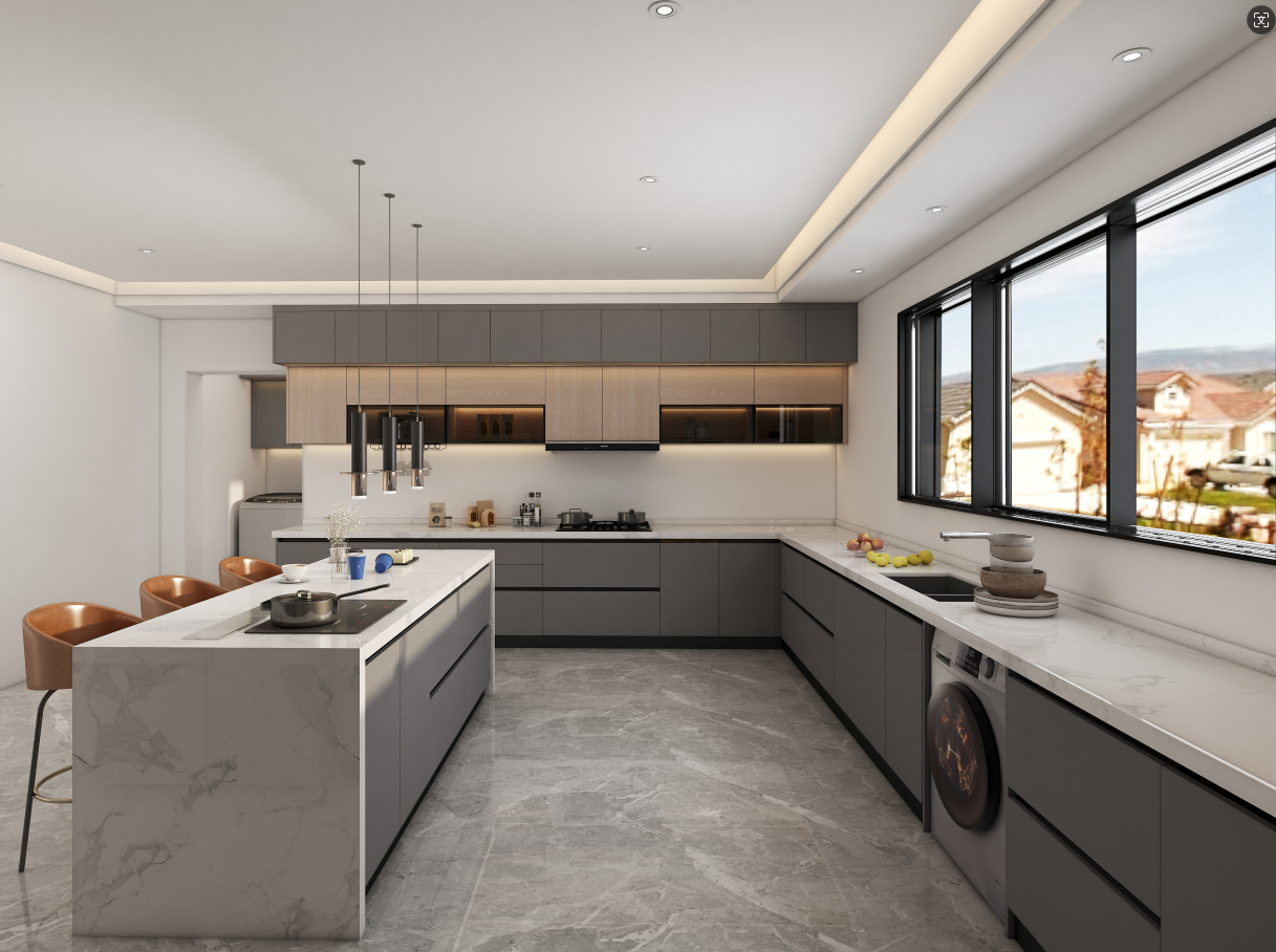 The U-shaped layout allows for a seamless workflow, ideal for multitasking during meal preparation, while the straight cabinets offer a clean and modern look, perfect for smaller kitchens. This combination not only optimizes the available space but also creates a harmonious balance between functionality and style. Overall, this project showcases how well-designed kitchen storage solutions can transform any culinary space into a dream kitchen, reflecting both practicality and elegance for its users.