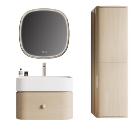 The drawer front and the curved panels on both sides are formed as a continuous piece, creating a smooth transition without obvious joints or separate edge treatments.