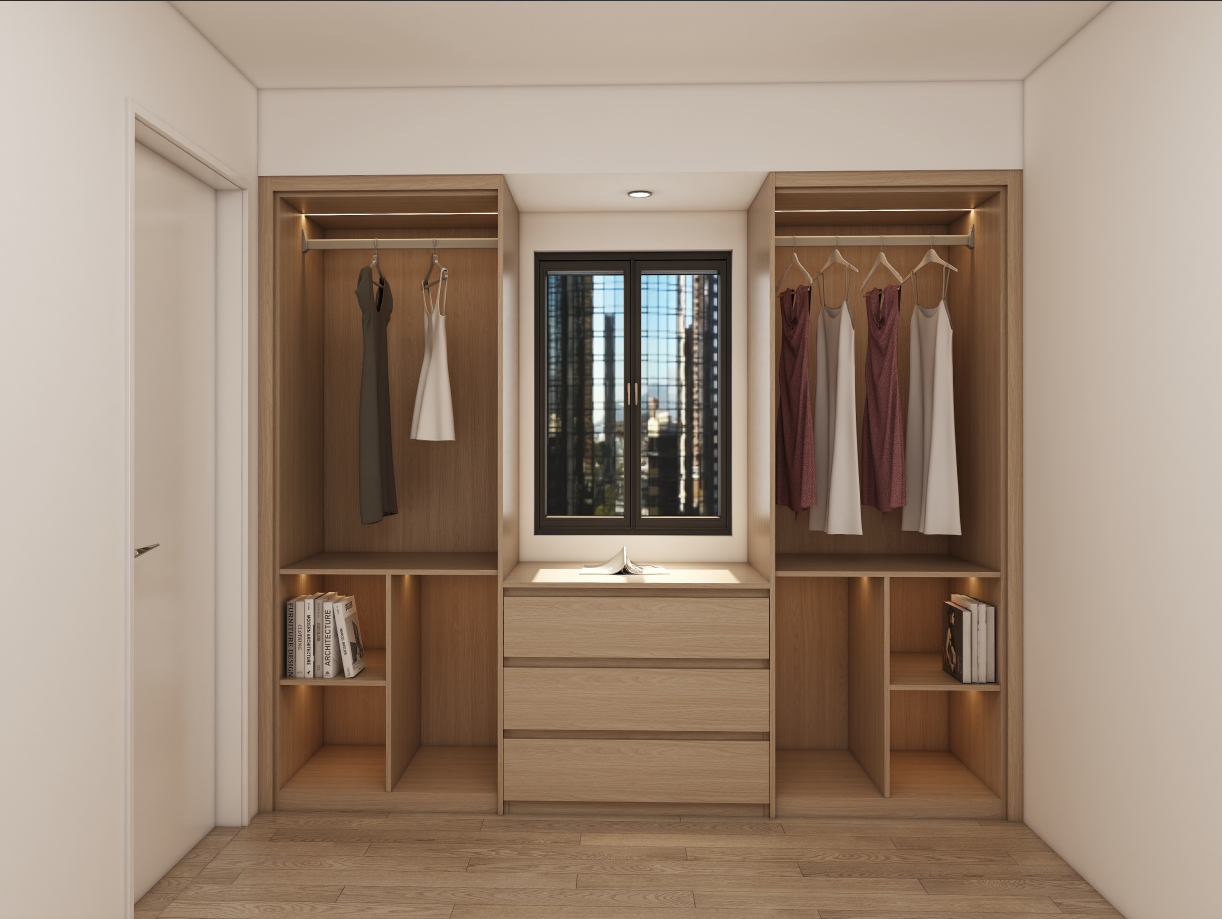 In a recent project for Martinez family,, we created a stunning custom wardrobe designed to fit seamlessly into their garage space. This wardrobe, with dimensions of 2540mm in width, 2200mm in height, and 600mm in depth, is finished in a sophisticated Log walnut, bringing elegance and warmth to an often-overlooked area of the home.
