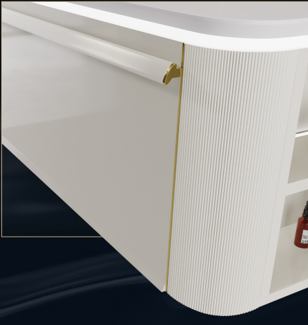 Abandoning the industrial feel of traditional right-angle cabinets, the Brio Leglo series reconstructs the bathroom aesthetics with double arc cabinets. Thickened anti-collision rounded corners are as natural as pebbles by the stream, and give children a sense of security when running barefoot. The connection between the table and the main cabinet is inlaid with a surrounding LED light strip. Every handful of water when washing reflects the luster of stars. Function and atmosphere are integrated here.