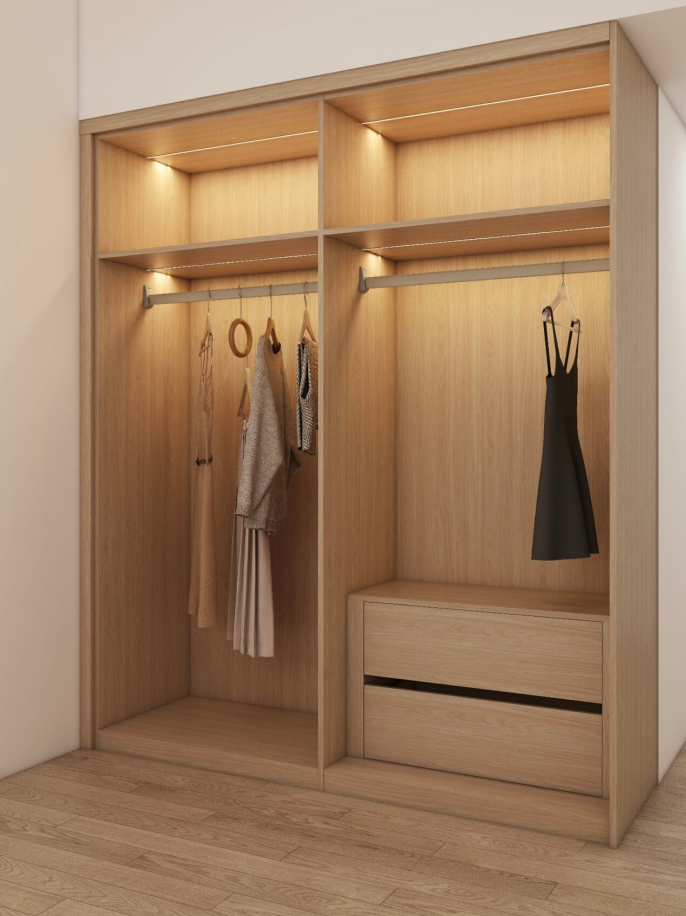 In our recent project for the Martinez family, we designed an elegant and functional bedroom featuring four stylish wardrobes and a custom desk to meet their storage and workspace needs. Each wardrobe, crafted from high-quality materials and finished in a rich Log walnut color, seamlessly integrated into the overall aesthetic of the room, creating a warm and inviting atmosphere.