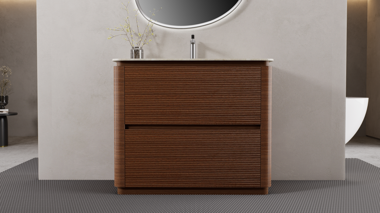 The collection combines modern styling with practical bathroom storage, creating a balanced solution for everyday use.