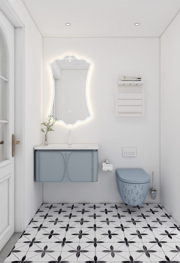This is an ideal spot for a classic bathroom storage shelf or a more functional electric towel rack.
