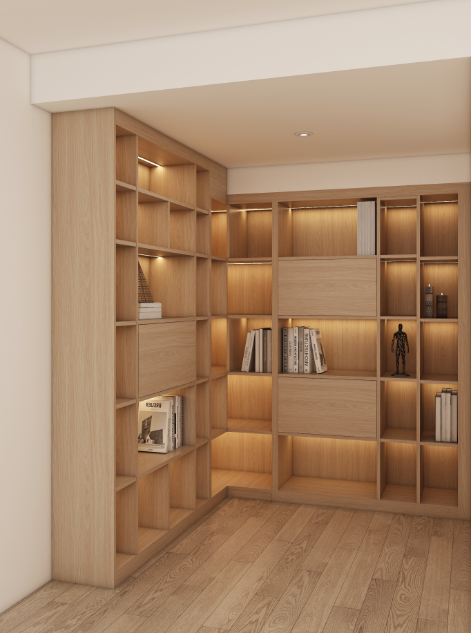 The design includes a spacious bookshelf section, perfect for organizing books, collectibles, and decorative items, allowing for easy access and a visually pleasing arrangement. Accompanied by a thoughtfully integrated desk, this bookcase with doors offers additional storage options while maintaining an open feel. The combination of ample shelving and desk space provides an ideal setup for reading, studying, or working from home.