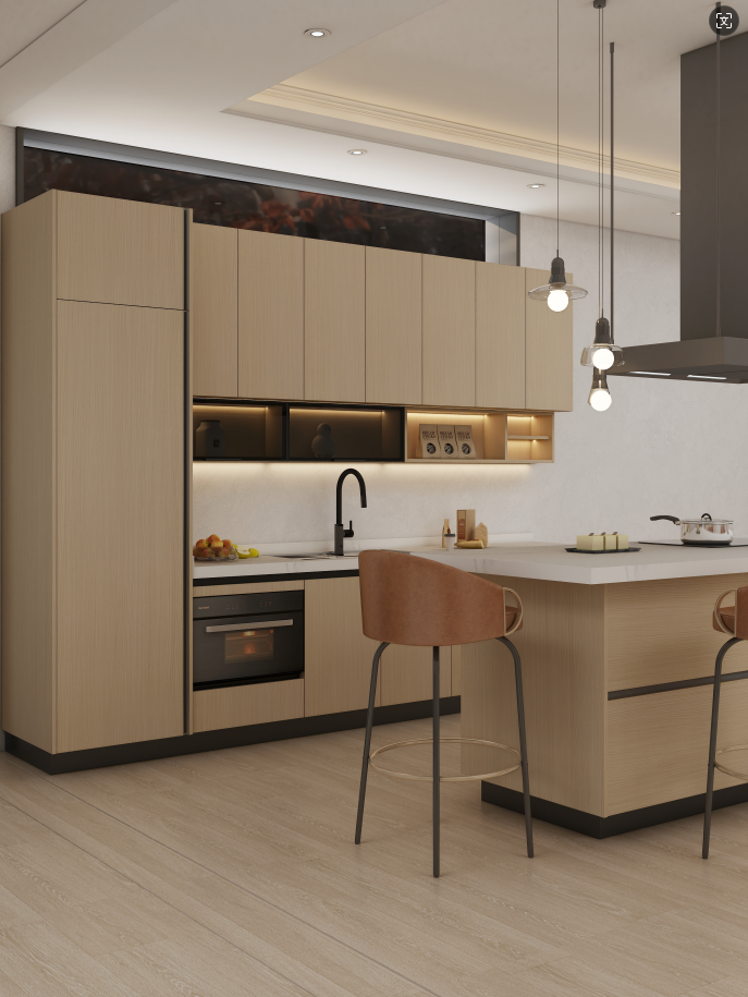 In a stunning kitchen renovation project for the Johnson family, the design featured impressive modular kitchen cabinets measuring 3300mm in width, 2400mm in height, and 600mm in depth. The cabinetry showcased a sophisticated Golden wood Grain color, which created a sleek and modern look for their cooking space. Complementing the cabinets was a beautifully designed kitchen island, measuring 2300mm by 900mm with a height of 900mm, perfectly matching the cabinet color. This island not only served as a focal point but also provided additional kitchen storage solutions, making the kitchen both functional and stylish. The integrated plywood kitchen cabinets were equipped with smart kitchen cabinet organizers, enhancing the overall efficiency of the space. The Johnsons were thrilled with their new kitchen, combining elegance with practicality for all their culinary needs.
