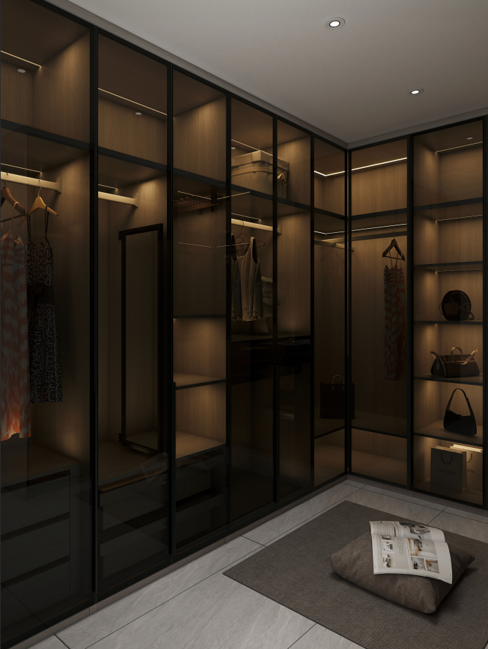 The spacious wardrobe closet is meticulously organized, providing ample storage for clothes, accessories, and footwear.