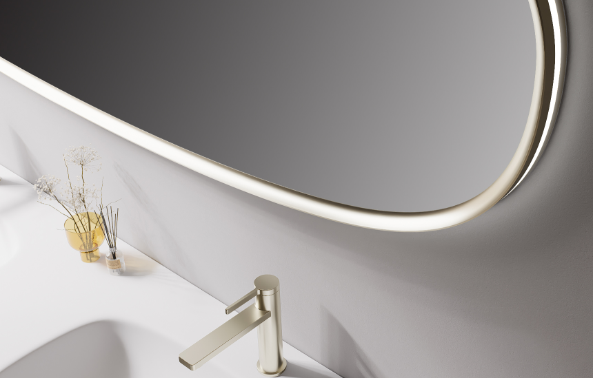 Willow bathroom vanity paired with a curved LED mirror for a modern bathroom interior