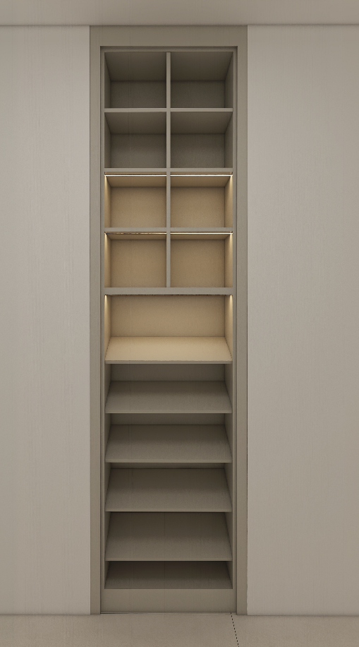 Adjacent to the shoes cabinet​, the storage cabinet is designed with a sophisticated Borro Grey finish, perfectly complementing the overall design scheme. This versatile shoe cabinet storage can accommodate various items, making it ideal for keeping clutter at bay and ensuring everything has its own place. 
