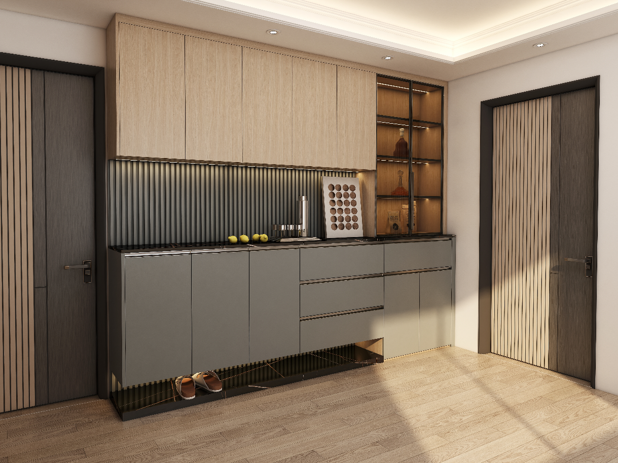 The upper cabinets showcase doors in matching Log walnut, creating a seamless look that enhances the overall design. In contrast, the lower cabinet doors and the slatted section are finished in an elegant Airy Grey, providing a striking visual contrast and a touch of modernity.