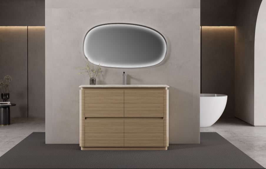 trending bathroom designs featuring freestanding bathroom cabinet and natural wood finish