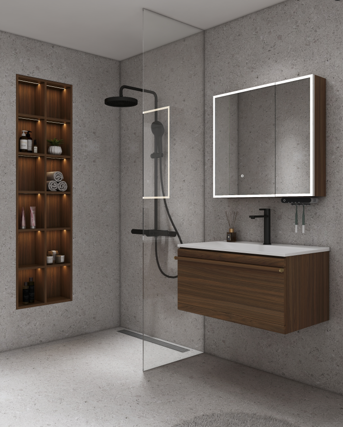 This dry wall area is perfect for an electric towel rack or a bathroom storage shelf.