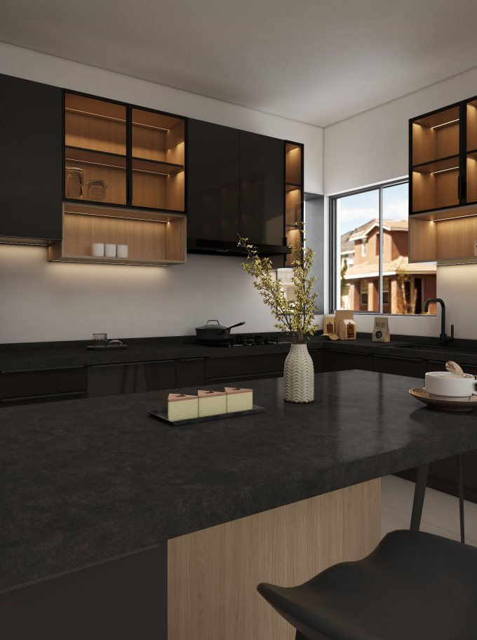 We also introduced glass door panels that complement Log walnut cabinetry, adding a touch of sophistication and allowing for the display of decorative items. The countertops are made from high-quality rock panel material in solid black, ensuring durability and style. With dimensions of (3065+2400)mm in width, 2550mm in height, and 600mm in depth, this kitchen offers ample space for various activities.