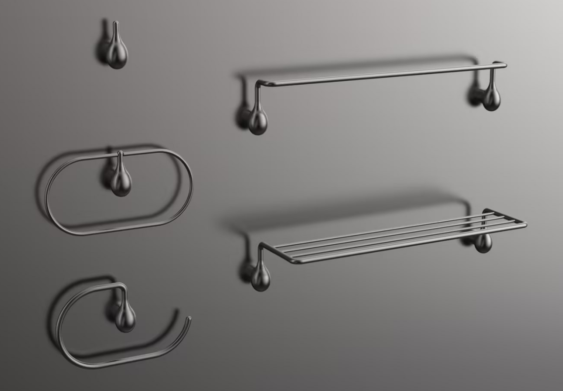 modern bathroom accessories with droplet-inspired wall mounted hardware and bathroom shelf storage