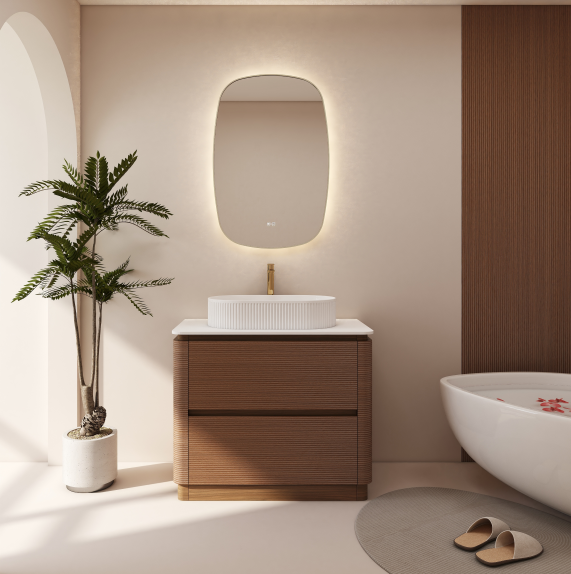 modern freestanding bathroom vanity with wood texture and countertop basin in a contemporary bathroom