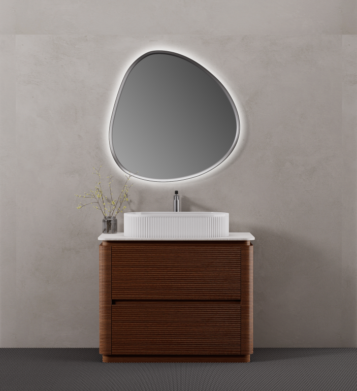 Ultra Neo-FL can be paired with an irregular curved mirror, including an LED-lit option, to continue the soft geometry above the vanity.