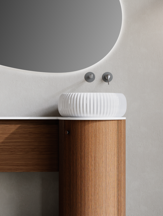 400 mm cylindrical freestanding bathroom cabinet with curved panel construction