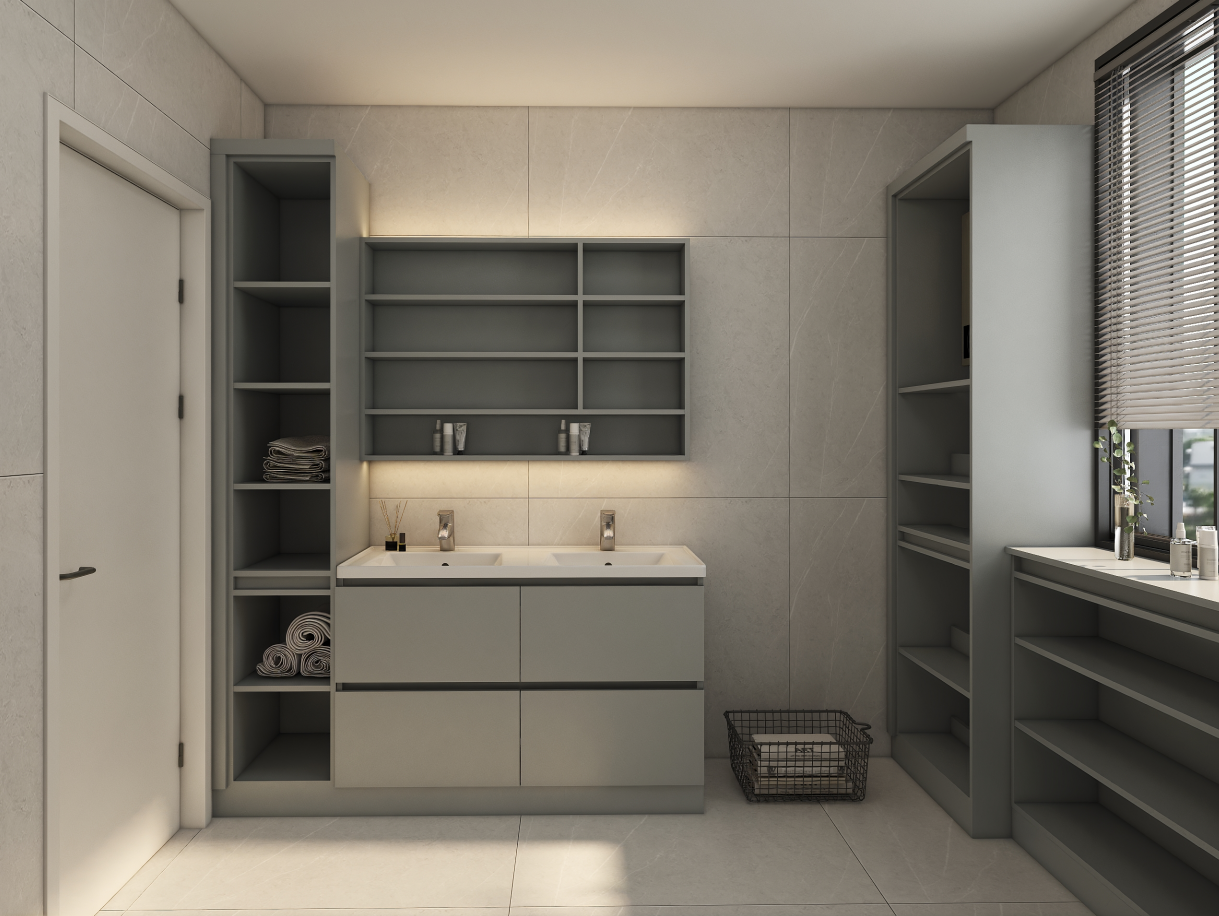 Adjacent to the vanity, we installed a tall storage cabinet that seamlessly connects with the bathroom cabinet, measuring L40 x W49 x H220. This provides additional storage space without compromising aesthetics. Near the window, a storage unit measuring L93 x W30 x H90, also in mysterious gray PET, offers further organization options. To accommodate utility needs, we added a freestanding hot water heater cabinet, sized L60 x W40 x H220, alongside a custom storage cabinet above the toilet, measuring L60 x W20 x H90. Both of these features blend seamlessly into the design, ensuring that the entire bathroom remains clean and clutter-free.