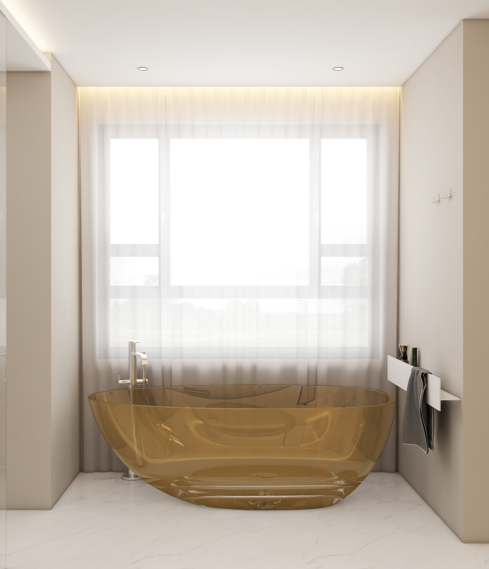 freestanding bath placed in a modern bathroom layout with vanity