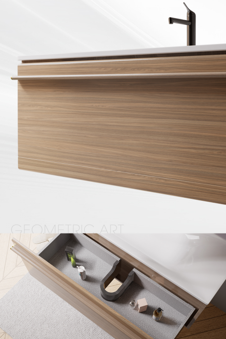The drawer panel with double horizontal lines on the top and bottom and curved trimmings expresses the most concise geometric art, presenting a clean, orderly and high-end feel.