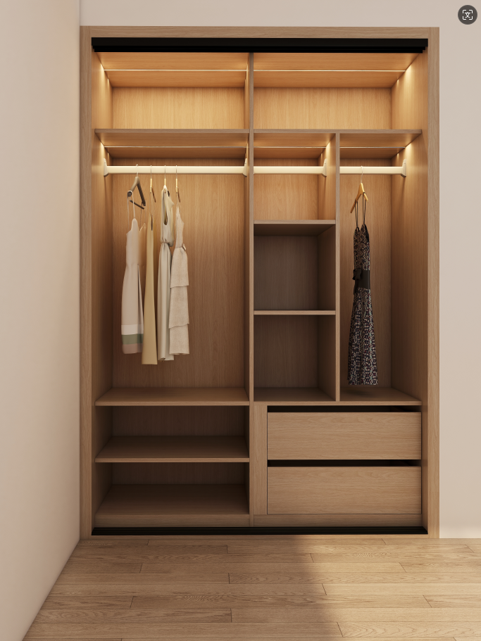 The wardrobes served as perfect wardrobe closets, offering ample storage space for clothing and accessories, while the thoughtful design included additional bedroom cabinets for optimal organization. The harmonious blend of these cabinets for bedroom use not only maximized functionality but also added a touch of sophistication to the space.