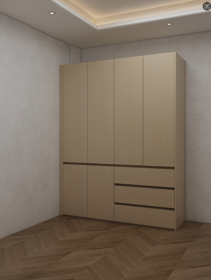 In a recent project for the Johnson family, we transformed their bedroom with the installation of three stunning wardrobes that perfectly complemented their modern aesthetic. The first wardrobe, measuring 3655mm in width, 600mm in depth, and 2400mm in height, served as the centerpiece of the room, providing ample storage while enhancing the overall elegance of the space. Flanking it were two additional wardrobes, each measuring 1800mm by 600mm by 2400mm, which offered seamless functionality and style. All wardrobes were finished in a sophisticated Golden wood Grain color, unifying the suite of bedroom furniture. The wardrobe closets were meticulously designed to maximize storage efficiency, with thoughtful organizers and shelves that catered to the family's needs. This installation of cabinets for the bedroom not only added significant storage capacity but also elevated the room's design, creating a luxurious and organized space that the Johnsons were proud to showcase.